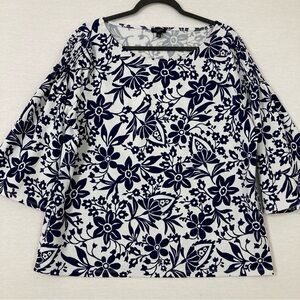 Talbots Navy and White Floral Blouse